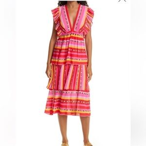 FARM Rio Lucy Stripes Tiered Pleated Midi Dress in Pink and Red